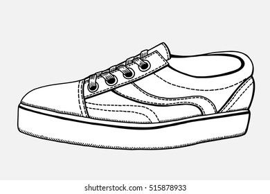 Vector Sketch Illustration - Single Side View Skaters Shoes on White Background.