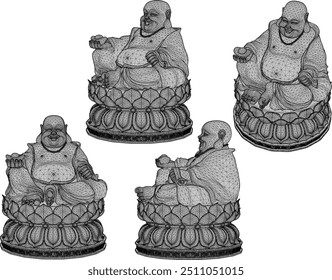 Ilustración del bosquejo del Vector de un diseño sonriente del ornamento de Buda lleno de la sabiduría que se sienta en una flor de loto
