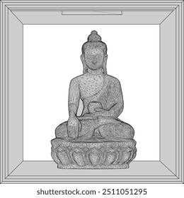 Ilustração de esboço vetorial de um desenho de ornamento de Buda sorridente cheio de sabedoria sentada carregando um recipiente de esmolas