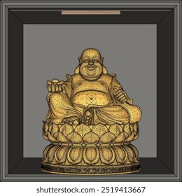 Vector sketch illustration of a smiling buddha ornament design full of wisdom sitting on a lotus flower