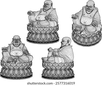 Vector sketch illustration of a smiling buddha ornament design full of wisdom sitting on a lotus flower