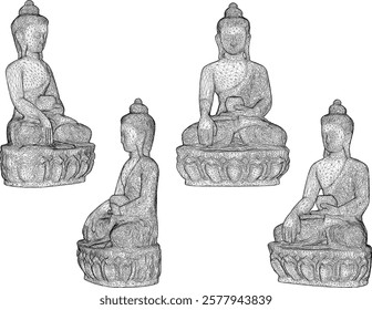 Vector sketch illustration of a smiling Buddha ornament design full of wisdom sitting carrying an alms container