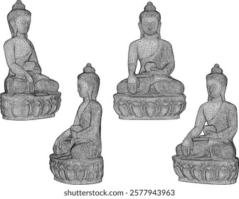 Vector sketch illustration of a smiling Buddha ornament design full of wisdom sitting carrying an alms container 