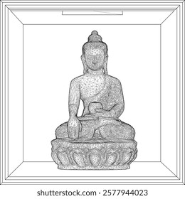 Vector sketch illustration of a smiling Buddha ornament design full of wisdom sitting carrying an alms container