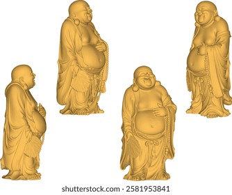 Vector sketch illustration of a smiling buddha ornament design full of wisdom standing holding a fan