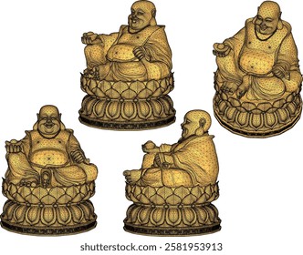 Vector sketch illustration of a smiling buddha ornament design full of wisdom sitting on a lotus flower