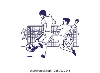 Ilustración de boceto de Vector de acción de fútbol en la meta