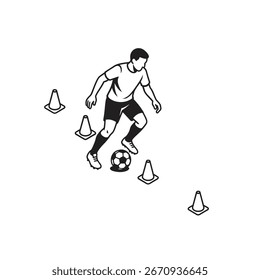 vector sketch illustration of soccer players practice dribbling the ball over the cone obstacles