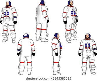 Vector sketch illustration of space station satellite astronaut in spacesuit