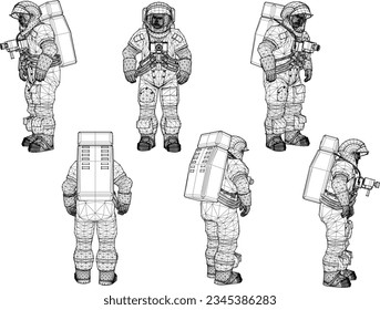 Dibujo vectorial del astronauta de satélites de estaciones espaciales en el espacio