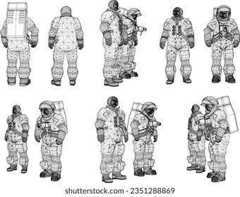 Vector sketch illustration of space station satellite astronaut in spacesuit