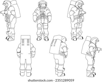 Vector sketch illustration of space station satellite astronaut in spacesuit
