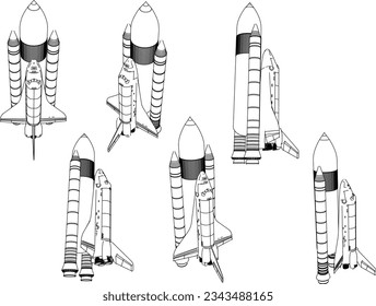 Esbozo vectorial ilustración de la nave espacial preparándose para lanzarse al planeta Marte y la Luna