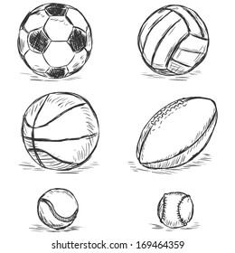 Vector Sketch Illustration - Sport Balls: Football, Volleyball, Basketball, Rugby, Tennis, Baseball