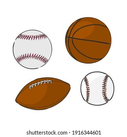 vector sketch illustration - sport balls: basketball, rugby, baseball, sports balls, rugby, baseball, basketball, vector sketch on white background