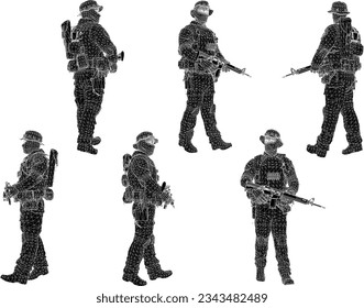 Esbozo vectorial ilustración de tropas de combate en tierra sigilosa con pistolas