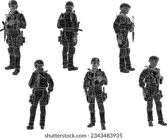 Vector sketch illustration of stealth ground combat troops with guns