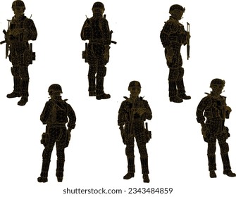 Esbozo vectorial ilustración de tropas de combate en tierra sigilosa con pistolas