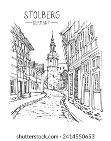 Vector sketch illustration of the Stolberg Sachsen-Anhalt, Germany. Sketchy line art drawing with a pen on paper. Hand-drawn old town. Urban sketch in black color on white background. Freehand drawing