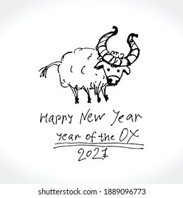 Vector sketch of an illustration in the style of a child's drawing. The ink blots. Year of the Ox 2021 in Chinese zodiac. Black illustration White bull symbol of the year 2021. 
