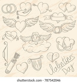 vector sketch illustration of the symbols of the holiday Valentines day