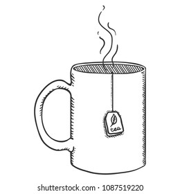 Vector Sketch Illustration - Tea Mug with Tea-bag Label