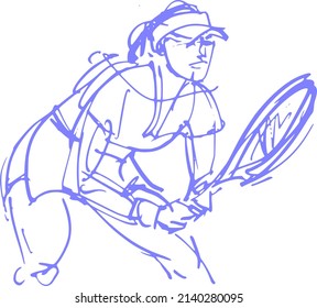 the vector sketch illustration of the tennis player woman with tennis racket