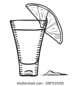 Vector Sketch Illustration - Tequila Shot with Lime Slice and Salt