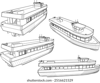 Ilustración de boceto de Vector de un diseño de barco de crucero turístico para disfrutar de la vista al mar 