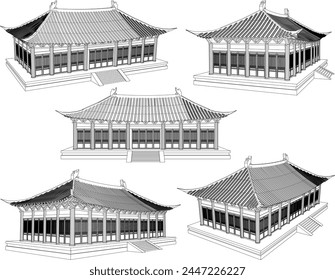 Vector sketch illustration of traditional ethnic chinese old sacred temple building design