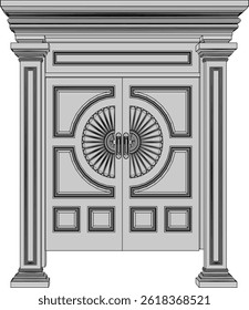 ilustração de esboço vetorial de um projeto tradicional de porta de madeira de teca vintage étnica com esculturas Jepara