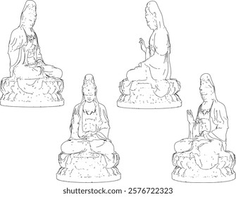 Vector sketch illustration of traditional wisdom goddess statue decoration design giving blessing on lotus leaf