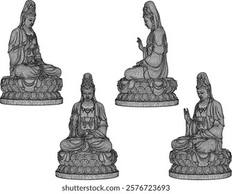 Vector sketch illustration of traditional wisdom goddess statue decoration design giving blessing on lotus leaf