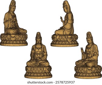 Vector sketch illustration of traditional wisdom goddess statue decoration design giving blessing on lotus leaf