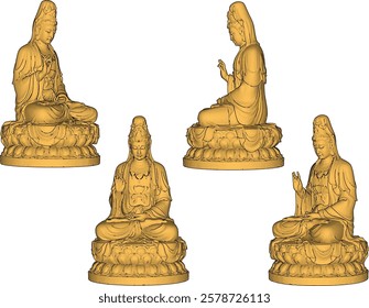 Vector sketch illustration of traditional wisdom goddess statue decoration design giving blessing on lotus leaf