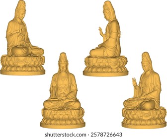 Vector sketch illustration of traditional wisdom goddess statue decoration design giving blessing on lotus leaf