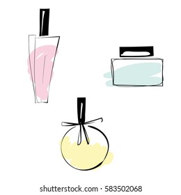 Vector sketch illustration of trendy perfume bottles. Different fruity aroma. For card design, print, poster, invitaion.