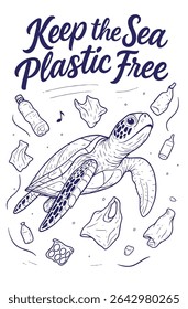 vector sketch illustration of turtles swimming in the sea full of plastic waste