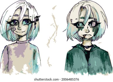 vector sketch illustration of two different emotions. Sad and funny anime girl. Cartoon characters freehand drawing