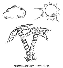 Ilustración de boceto de Vector - dos palmeras, sol y nubes