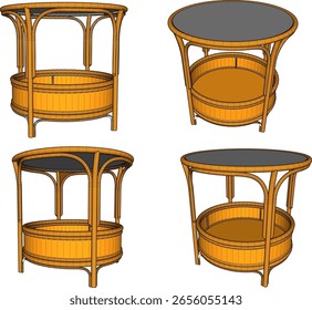Ilustração de esboço vetorial de um design de mesa de madeira de rotim tradicional étnico clássico único