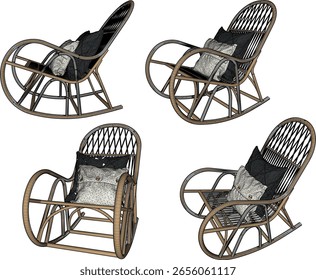 Ilustração de esboço vetorial de um clássico exclusivo, vintage, étnico, tradicional, projeto de cadeira de balanço de vime de madeira