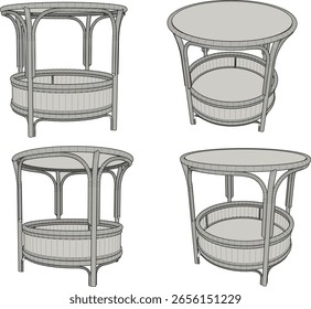 Vector sketch illustration of a unique classic vintage ethnic traditional rattan wood table design