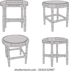 Vector sketch illustration of a unique classic vintage ethnic traditional rattan wood table design
