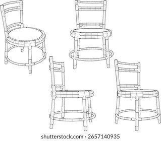 Vektorskizze Illustration eines einzigartigen Klassikers, Vintage, ethnisch, traditionell, Holz Rattan Schaukelstuhl Design