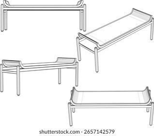 Ilustración de boceto de Vector de un diseño único de silla de banco larga de madera clásica, vintage, étnica, tradicional, de ratán