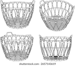 Vector sketch illustration of a unique classic vintage ethnic traditional wooden rattan basket design