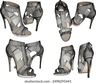 Vector sketch illustration of a unique design of women's sandals with classic vintage ethnic details for shop window decoration