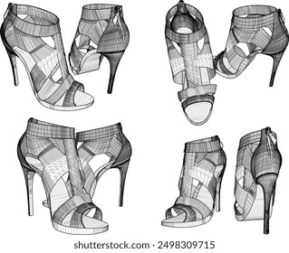 Vector sketch illustration of a unique design of women's sandals with classic vintage ethnic details for shop window decoration