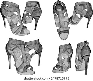 Vector sketch illustration of a unique design of women's sandals with classic vintage ethnic details for shop window decoration